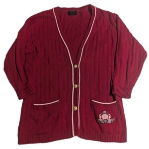 Bogner Women's‎ Cardigan Red Crest Knit Sweater Gold Buttons XL Missing Buttons